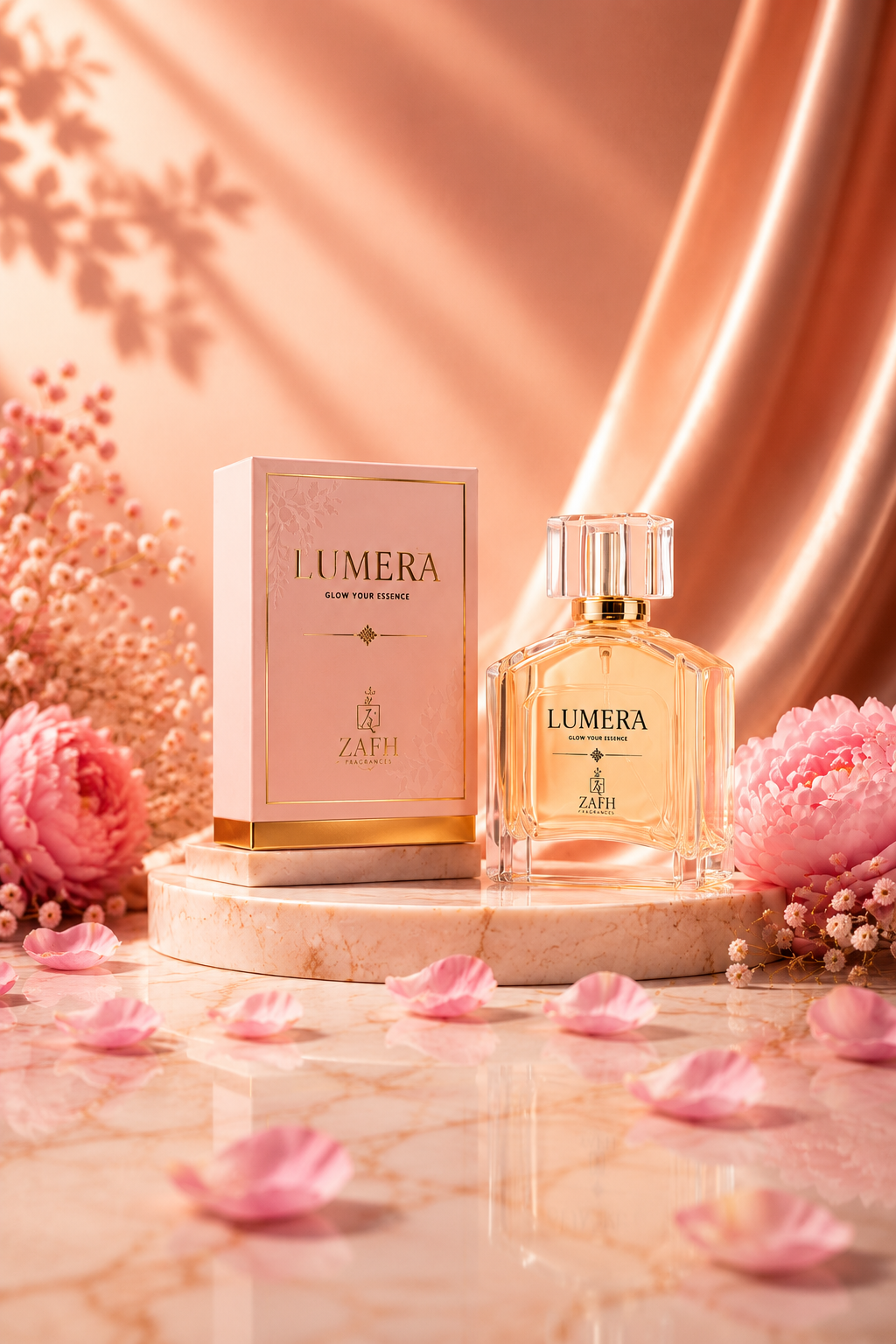 Lumera perfume bottle and packaging with pink flowers on a soft background
