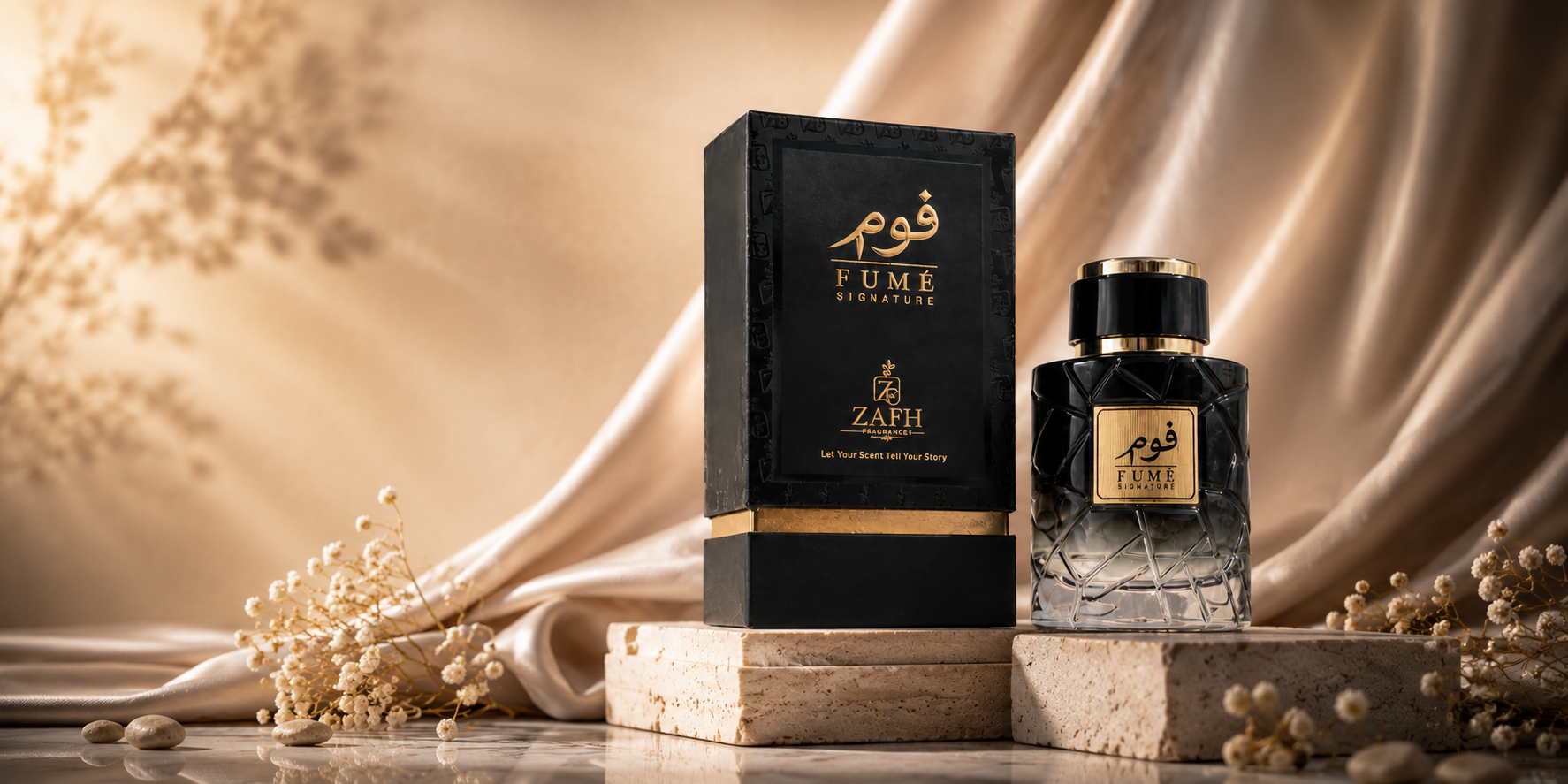 Fume Zaph perfume bottle and packaging on a decorative background
